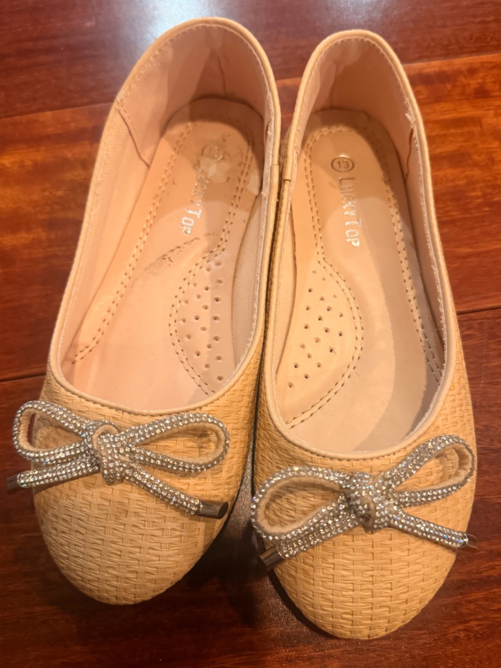 Light Tan Ballet Flats with Rhinestone Bow